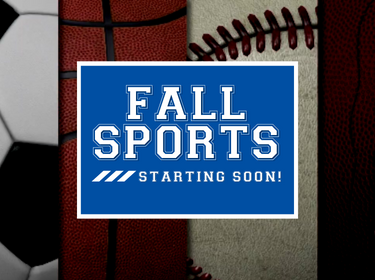 Up close 1/4 size soccer, basketball, and baseball. Blue bubble 'Fall Sports' starting soon.